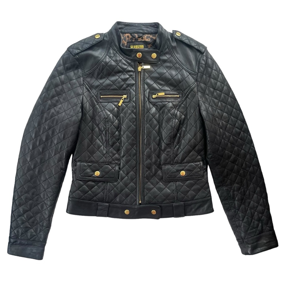 Georgiou Studio Womens Sz 8 Black Leather Full Zip Snap Neck Quilted Moto Jacket